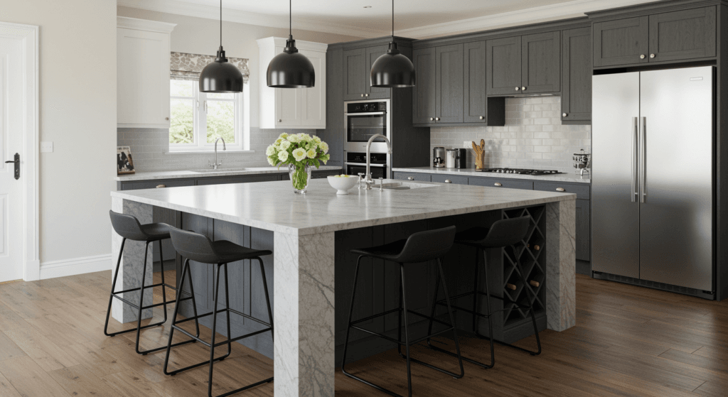 Two-tier Kitchen Island, kitchen island design, home kitchen design, kitchen island use, kitchen island types, choice of kitchen island, kitchen island design type, benefits of kitchen island