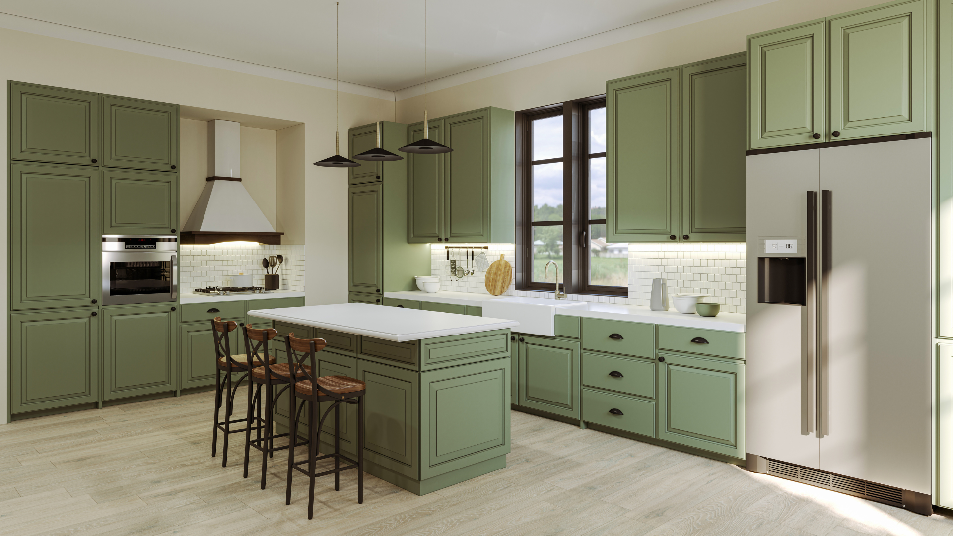 green cabinet kitchen island