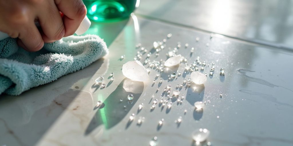 Cleaning quartz stone with spray and cloth.