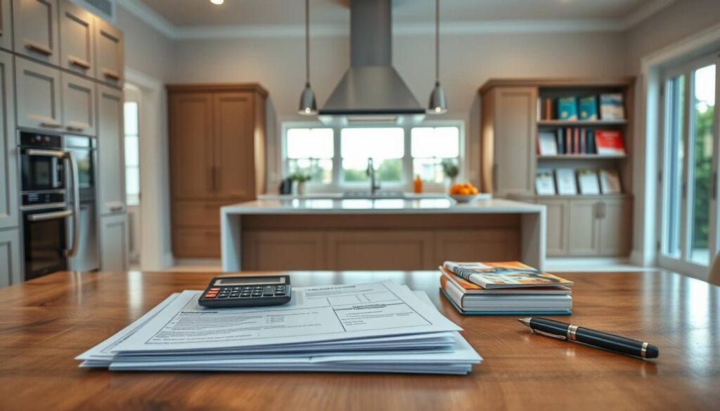 A beautifully lit, elegant kitchen with an AmpQuartz island countertop, showcasing an assortment of budget planning materials. In the foreground, a stack of documents, a calculator, and a pen are neatly arranged on a wooden table. The middle ground features a sleek, modern kitchen design with a large window, allowing natural light to flood the space. In the background, a bookshelf displays various home renovation guides and budget-related resources. The overall atmosphere conveys a sense of organization, attention to detail, and a well-planned approach to the upcoming kitchen renovation.