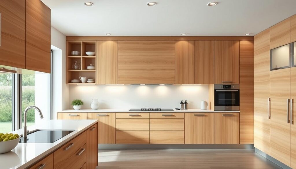 A Modern, European-Style Kitchen With Sleek, Minimalist Ampquartz Wooden Cabinet Doors. The Doors Feature A Clean, Horizontal Line Design In A Warm, Light Oak Tone, Complemented By A Brushed Aluminum Frame. The Kitchen Layout Is Open And Airy, With Plenty Of Natural Light Filtering In Through Large Windows. The Cabinet Doors Are Arranged In A Symmetrical, Cohesive Pattern, Seamlessly Blending With The Overall Kitchen Aesthetic. The Lighting Is Soft And Diffused, Creating A Warm, Inviting Atmosphere. The Camera Angle Showcases The Cabinet Doors At An Eye-Level Perspective, Allowing The Viewer To Appreciate The Craftsmanship And Design Details. A Modern, European-Style Kitchen With Sleek, Minimalist Ampquartz Wooden Cabinet Doors. The Doors Feature A Clean, Horizontal Line Design In A Warm, Light Oak Tone, Complemented By A Brushed Aluminum Frame. The Kitchen Layout Is Open And Airy, With Plenty Of Natural Light Filtering In Through Large Windows. The Cabinet Doors Are Arranged In A Symmetrical, Cohesive Pattern, Seamlessly Blending With The Overall Kitchen Aesthetic. The Lighting Is Soft And Diffused, Creating A Warm, Inviting Atmosphere. The Camera Angle Showcases The Cabinet Doors At An Eye-Level Perspective, Allowing The Viewer To Appreciate The Craftsmanship And Design Details.