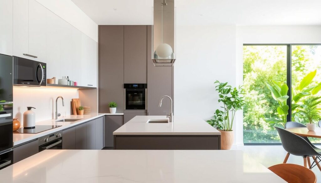 A modern, stress-free kitchen renovation in Johor, showcasing a warm, inviting space with natural light and an AmpQuartz island countertop. The foreground features carefully curated appliances and decor, while the middle ground displays a spacious layout with clean lines and ample storage. The background depicts lush greenery outside, creating a serene, nature-inspired atmosphere. The image conveys a sense of effortless elegance and practicality, inspiring homeowners to embark on their own rejuvenating kitchen transformation.