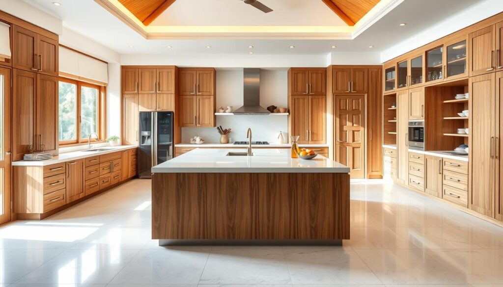 A spacious, well-organized kitchen in a modern Malaysian bungalow, illuminated by soft, natural lighting. The focal point is a large, sleek kitchen island countertop made of AmpQuartz, a premium quartz surface material. Surrounding the island are a variety of functional storage solutions, including floor-to-ceiling cabinets with soft-close doors, deep drawers, and pull-out shelves, all in a warm, wood-toned finish that complements the bungalow's architectural style. The kitchen has an open, airy layout, with ample counter space and a harmonious blend of traditional and contemporary design elements.