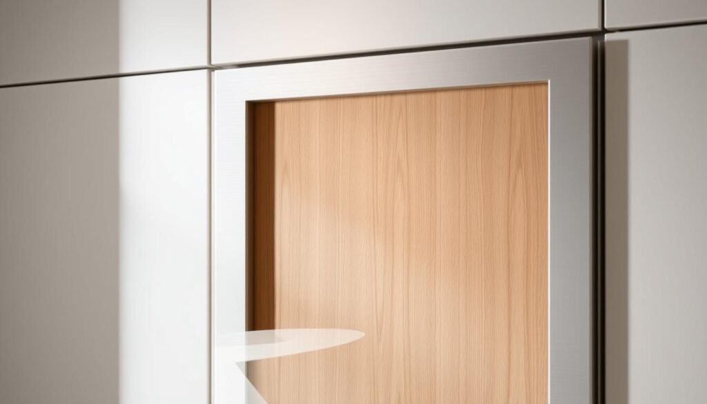 A Well-Crafted Modern European Kitchen Cabinet Door, Featuring A Sleek Ampquartz Aluminum Frame And A Warm Wood Grain Panel. The Door Is Illuminated By Soft, Directional Lighting, Highlighting Its Clean Lines And Attention To Detail. The Overall Aesthetic Is Minimalist And Sophisticated, With A Focus On High-Quality Materials And Timeless Design. The Cabinet Door Is Set Against A Neutral, Slightly Muted Background, Allowing The Craftsmanship To Take Center Stage. A Well-Crafted Modern European Kitchen Cabinet Door, Featuring A Sleek Ampquartz Aluminum Frame And A Warm Wood Grain Panel. The Door Is Illuminated By Soft, Directional Lighting, Highlighting Its Clean Lines And Attention To Detail. The Overall Aesthetic Is Minimalist And Sophisticated, With A Focus On High-Quality Materials And Timeless Design. The Cabinet Door Is Set Against A Neutral, Slightly Muted Background, Allowing The Craftsmanship To Take Center Stage.