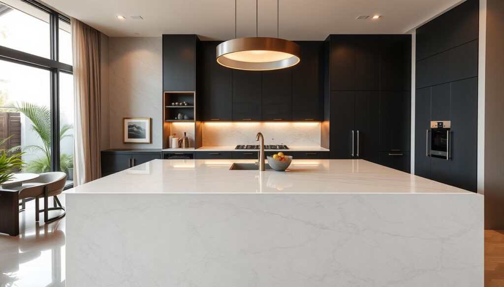 An elegantly designed kitchen showcasing the premium materials and finishes of AmpQuartz. The large bungalow house kitchen features a spacious island with a seamless AmpQuartz countertop, reflecting the warm yet modern aesthetic. Overhead, a sleek pendant lighting illuminates the kitchen, casting a soft glow and highlighting the luxurious textures. In the background, the kitchen is framed by minimalist cabinets with a matte black finish, complementing the AmpQuartz surfaces. The scene exudes an atmosphere of refined sophistication, perfectly suited for a contemporary Malaysian bungalow.