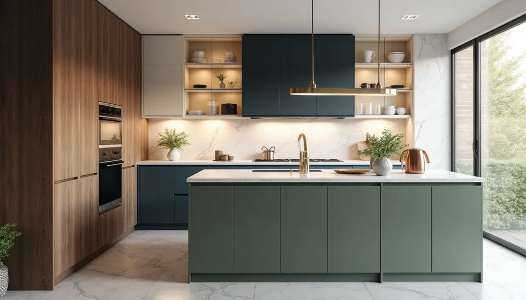 A Kitchen With A White Countertop And Green Cabinets Johor Ampquartz Island Topa