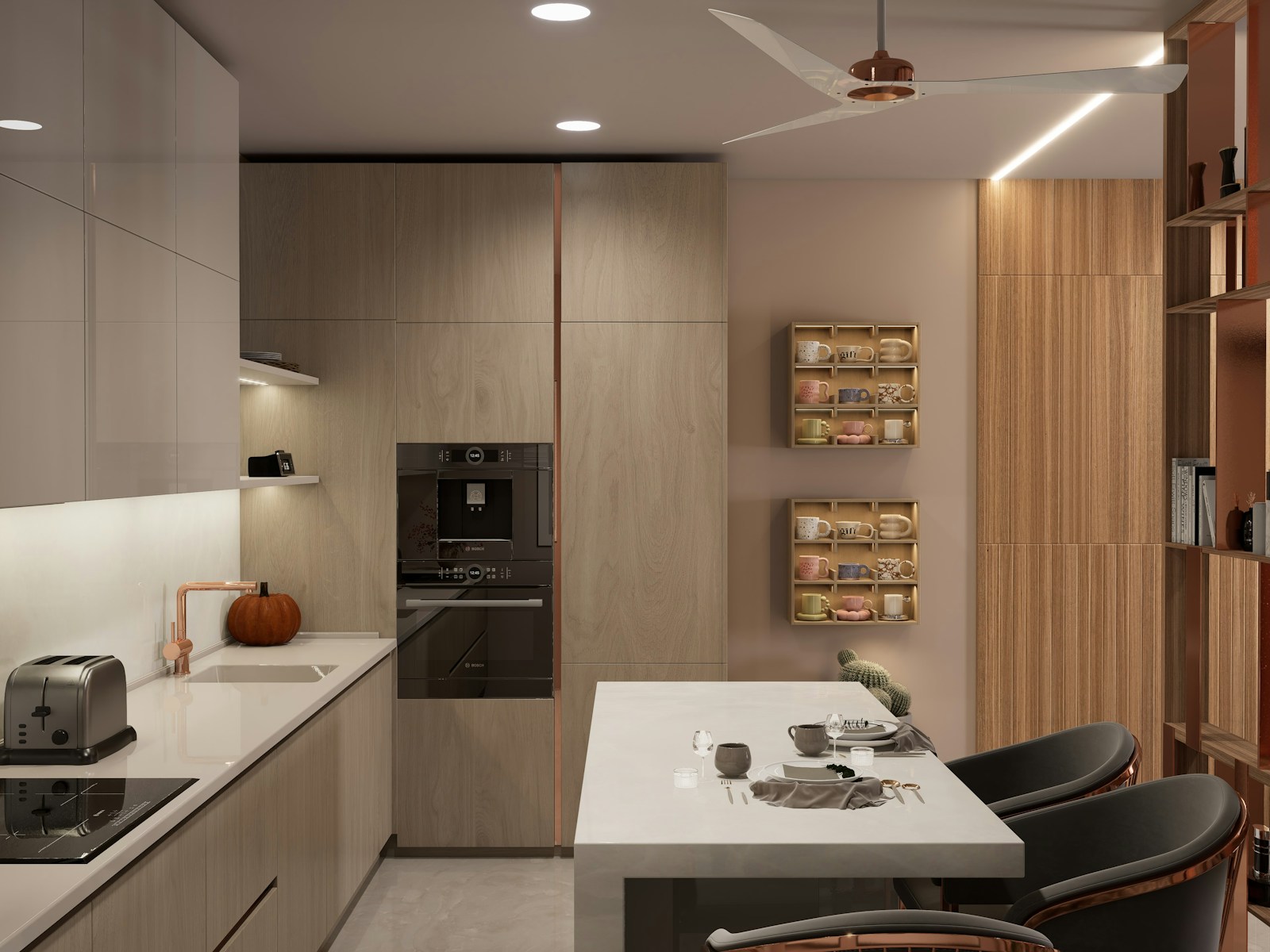 A modern kitchen with a small breakfast bar. wood and metal kitchen cabinet