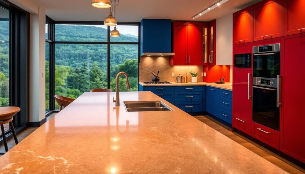 A captivating kitchen filled with bold, timeless color palettes. In the foreground, sleek AmpQuartz countertops in rich earth tones reflect the warm lighting. The middle ground showcases stunning cabinets in a vibrant, jewel-toned hue, creating a striking contrast. The background features a panoramic view of a lush, verdant landscape, adding depth and a sense of tranquility. The overall scene exudes a harmonious blend of modern elegance and natural charm, inspiring homeowners to embrace bold and enduring color choices for their dream kitchens.