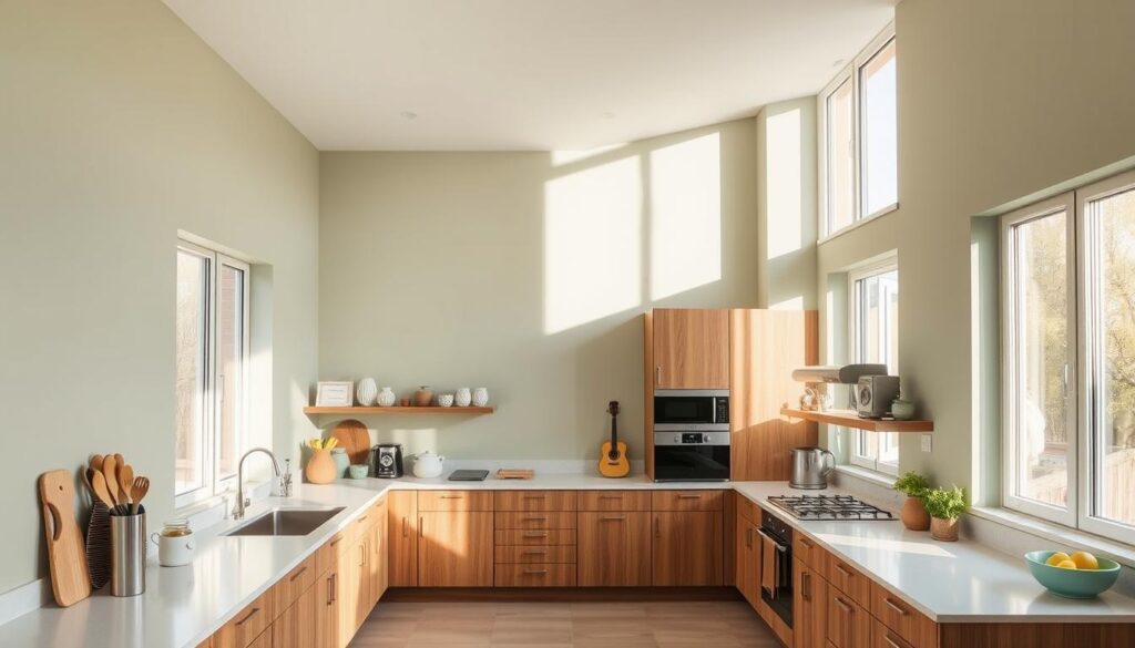 A well-lit, spacious kitchen with warm, natural lighting filtering through large windows. The walls are painted in a soft, muted shade of sage green, complemented by the rich, wooden tones of the AmpQuartz cabinetry. The cabinets are arranged in a clean, minimalist design, creating a sense of airiness and openness. On the countertops, various kitchen accessories and appliances are neatly arranged, adding pops of color and texture. The overall atmosphere is one of calm, inviting the viewer to imagine themselves preparing a meal in this serene, thoughtfully designed space.