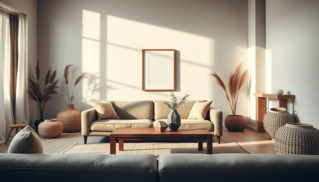 A serene and well-balanced Japandi-style interior, bathed in soft natural light. In the foreground, a minimalist sofa with clean lines and earthy upholstery. Midground features a low, wooden coffee table with a geometric vase and potted plant. The background showcases a neutral-toned feature wall with a simple, framed artwork. Abundant natural textures, such as woven baskets and wooden accents, create a calming, harmonious atmosphere. Indirect lighting from hidden sources casts a warm, diffused glow, enhancing the sense of tranquility. The overall composition exudes a refined, understated elegance characteristic of the Japandi design aesthetic.