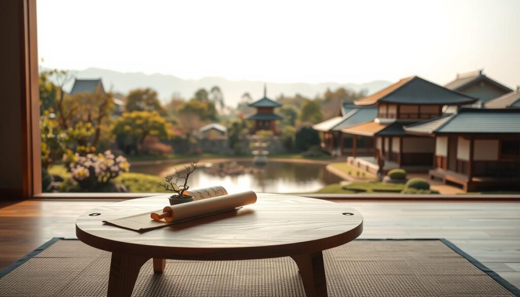 An elegant, minimalist composition depicting the rich history of Japandi design. In the foreground, a meticulously crafted wooden table showcases traditional Japanese joinery techniques, its surface adorned with a delicate arrangement of calligraphic scrolls and a single bonsai plant. The middle ground features a panoramic view of a serene Japanese garden, with lush foliage and a tranquil koi pond reflecting the warm afternoon light. In the background, silhouettes of traditional Japanese architecture, including a pagoda and a ryokan, blend seamlessly with the understated Scandinavian-inspired lines of modern Japandi furniture. The overall atmosphere conveys a harmonious fusion of Eastern and Western design philosophies, embodying the timeless appeal of this captivating design aesthetic.