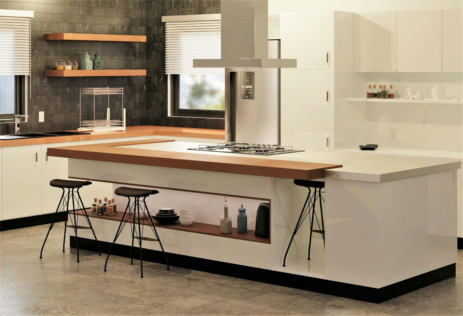 hygge scandi island top ampquartz johor Modern kitchen with white cabinetry and an island.