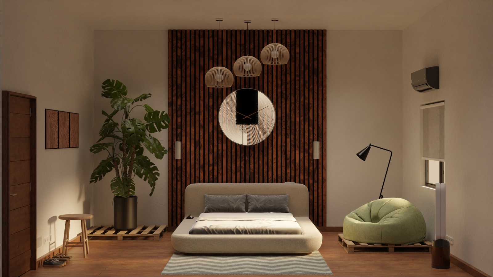 japandi kithen cabinet johor a bedroom with a large bed and a round mirror on the wall