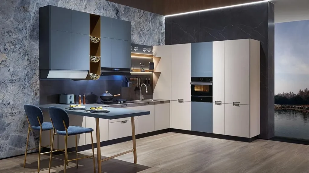 Modern kitchen with bllue design.