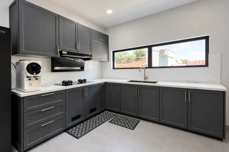 Modern Charcoal Kitchen With Window Views