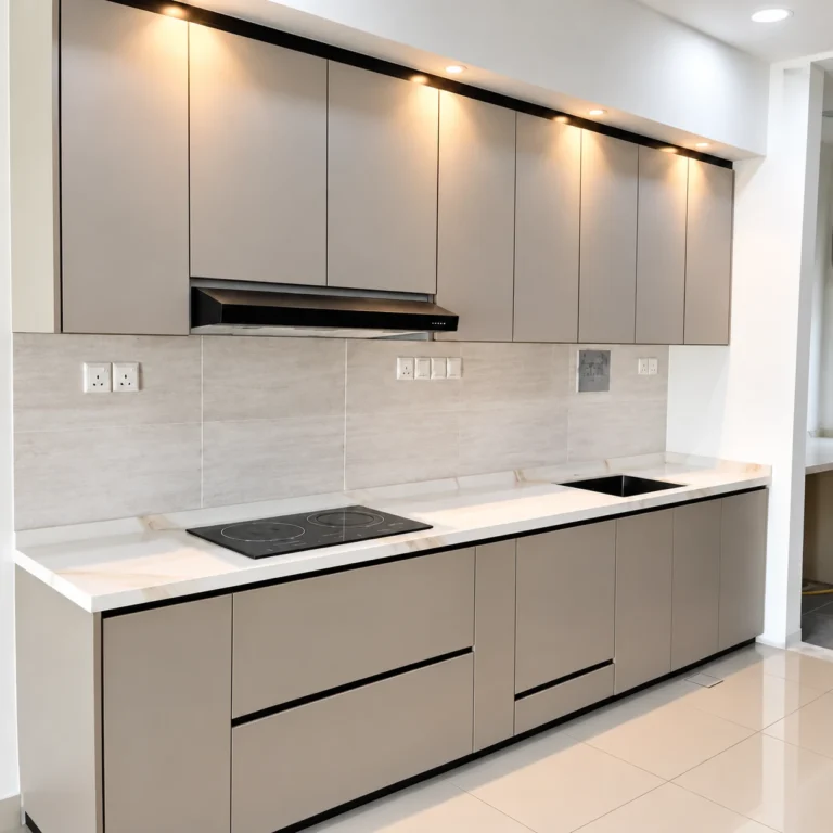 Taupe Kitchen Cabinets With Black Hob, White Countertop And Integrated Sink.