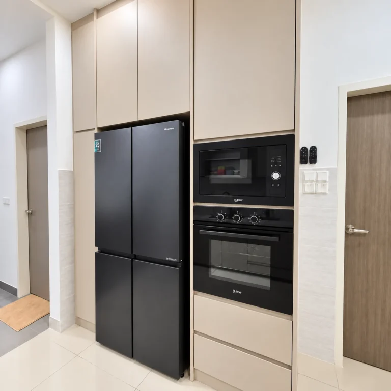 Tall Taupe Kitchen Cabinets Surrounding A Refrigerator, Microwave And Oven.