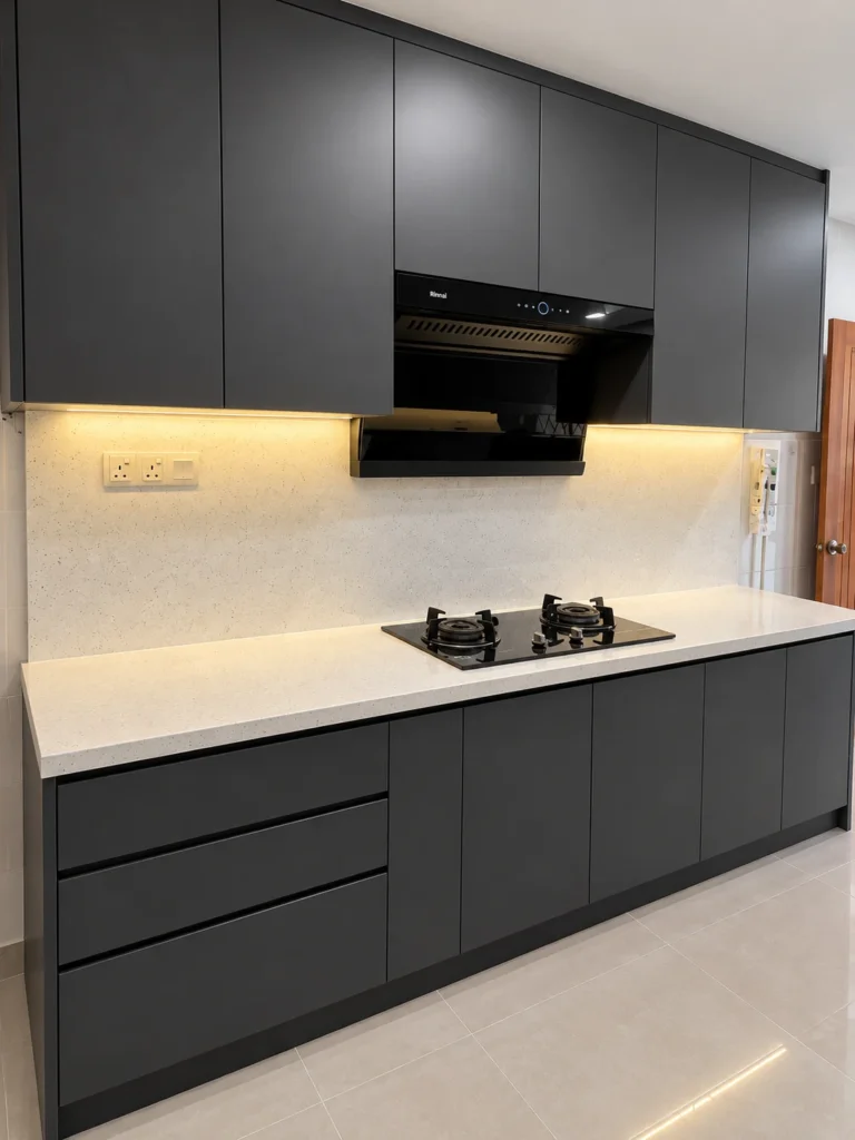 Modern Charcoal Kitchen With Warm Lighting