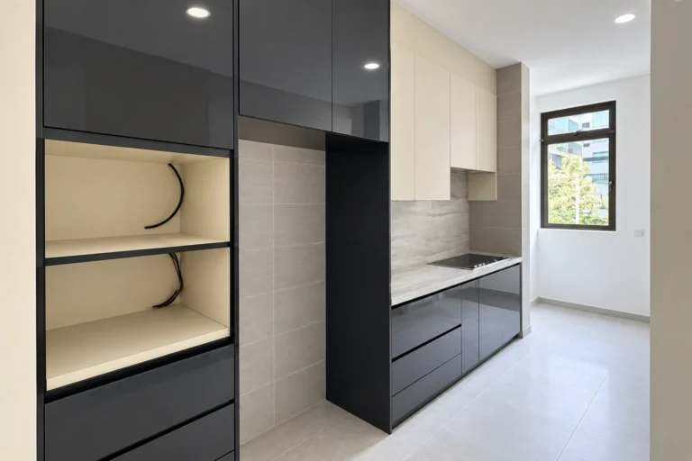 Sleek Graphite And Cream Galley Kitchen