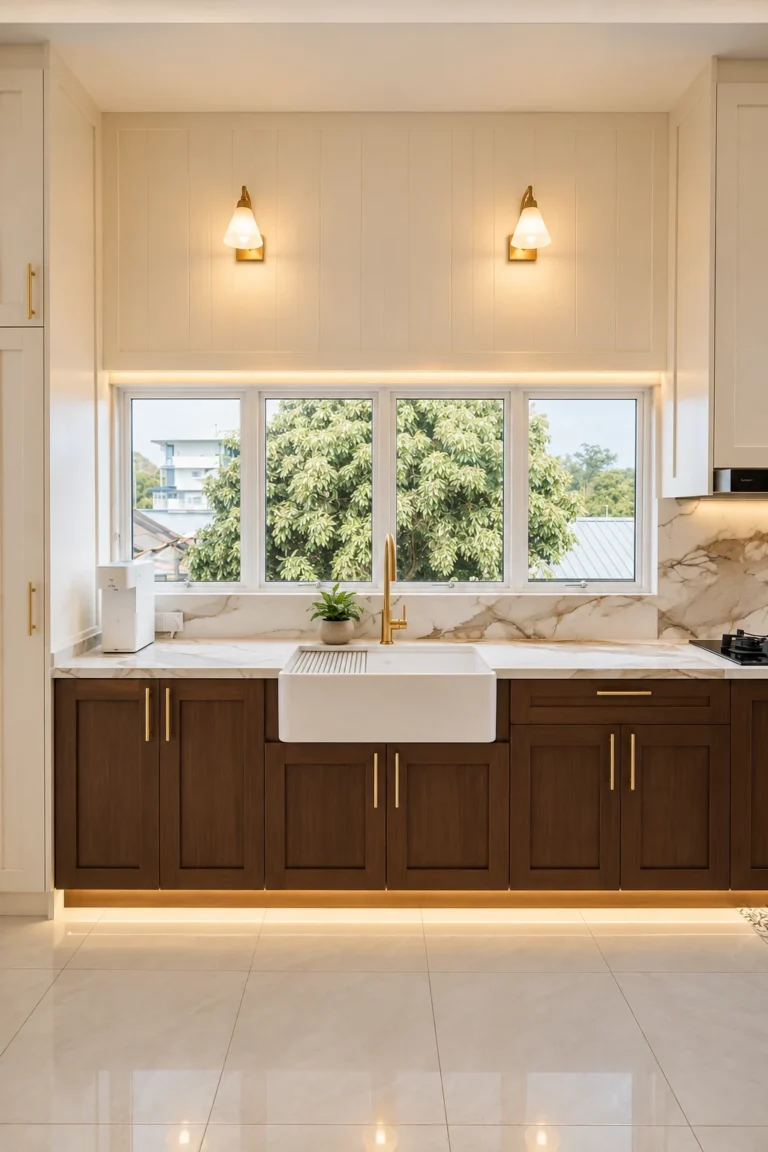 Symmetrical Warm Modern Kitchen Sink Vignette