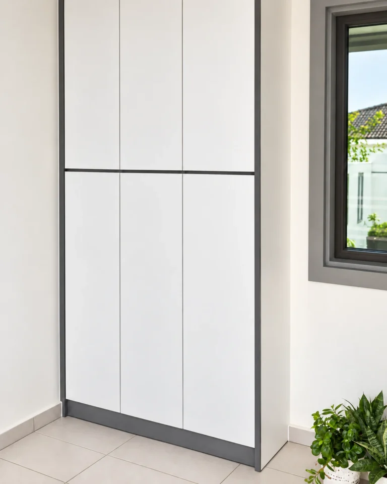 Full-Height White Shoe Cabinet With Grey Trim Beside A Window.