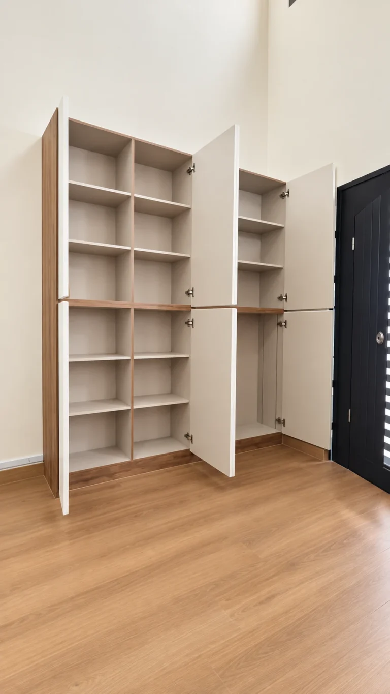 Open White And Wood-Accent Shoe Cabinet Showing Shelves And Separate Compartments.