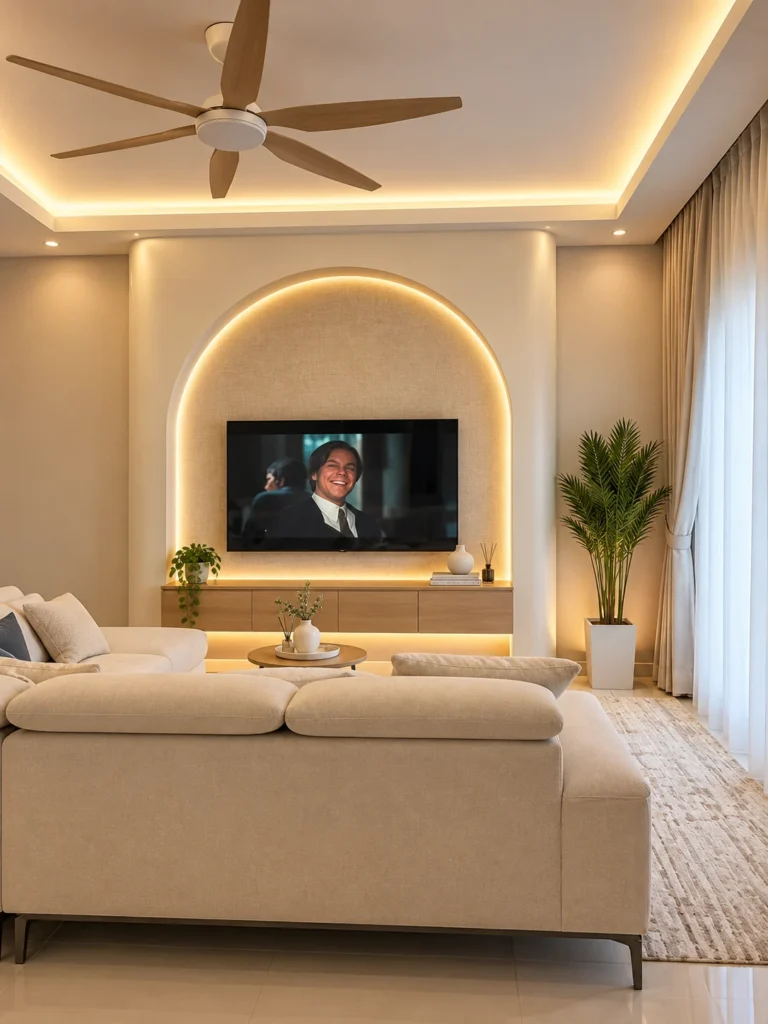 Warm Minimalist Living Room With Arched Tv Niche
