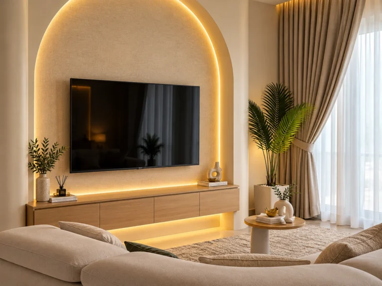 Warm Minimalist Living Room With Arched Tv Wall