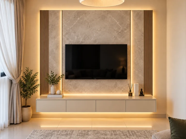 Warm Minimalist Media Wall Living Room