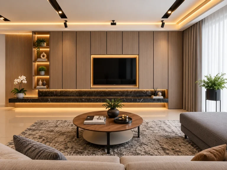 Warm Modern Living Room Media Wall