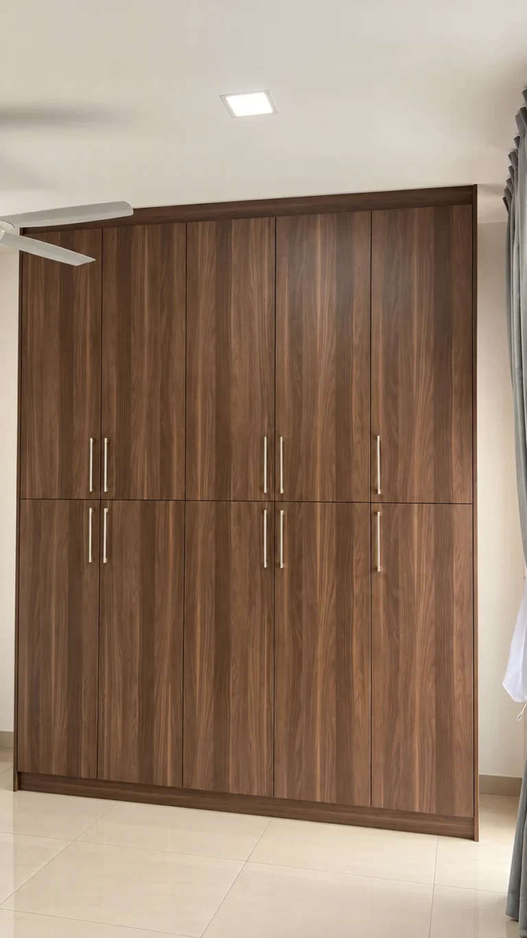 Dark Woodgrain Built-In Wardrobe With Silver Handles.