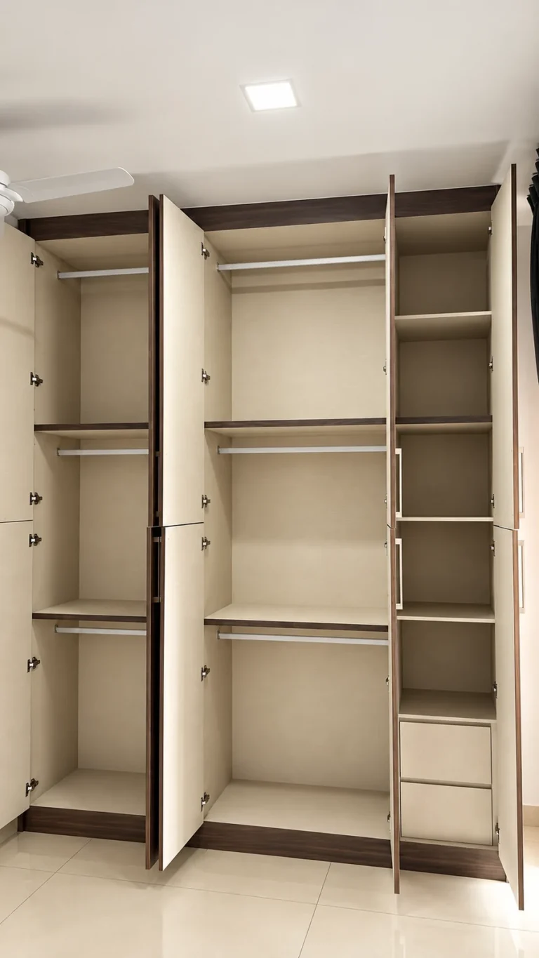 Open Dark Woodgrain Wardrobe Showing Shelves, Hanging Rails And A Drawer.