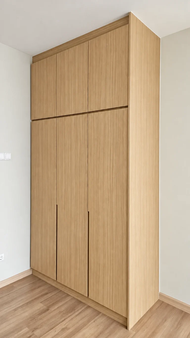 Full-Height Light Woodgrain Wardrobe With Recessed Vertical Pulls.