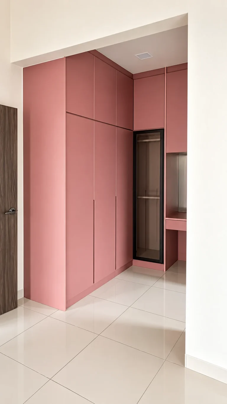 Dusty Pink Corner Wardrobe With A Dark Glass Cabinet And Vanity Area.